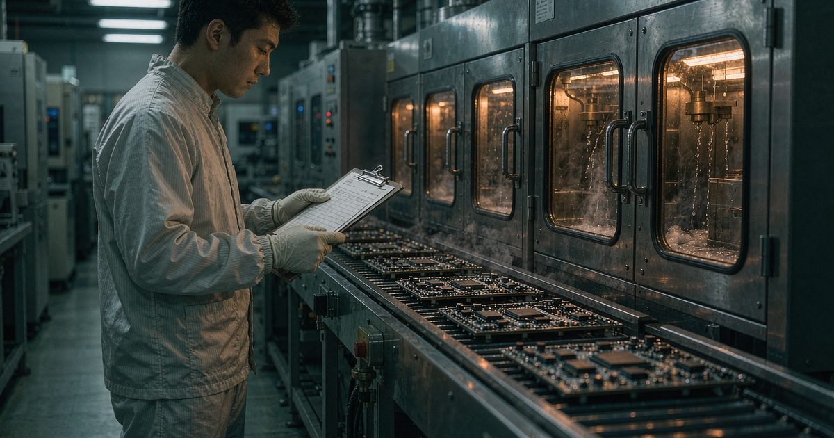 Process engineer reviewing cleaning records beside an SMT production line