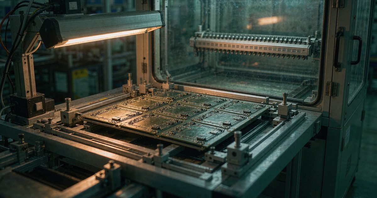 Printed circuit board panel at the surface inspection station ahead of a conformal coating spray booth