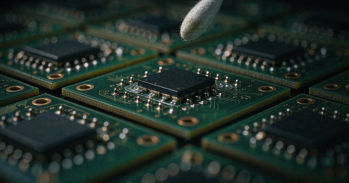 Printed circuit board panel after reflow with visible flux residue around solder joints