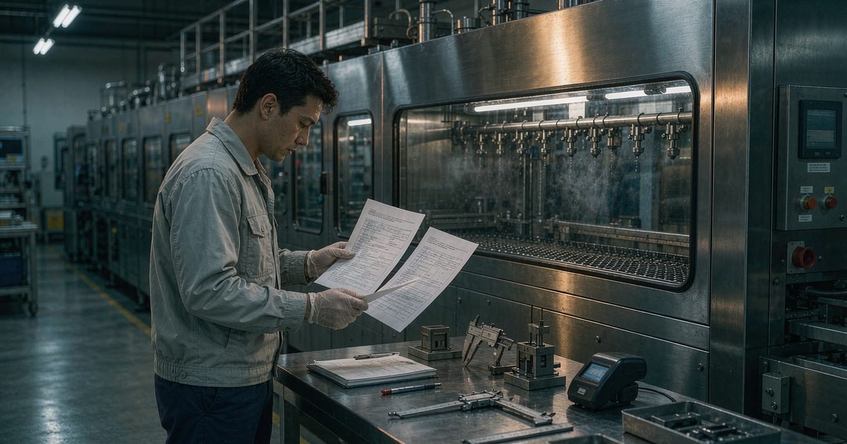Ingenieur vergleicht Datenblätter industrieller Reinigungsanlagen vor der Sprühkammer