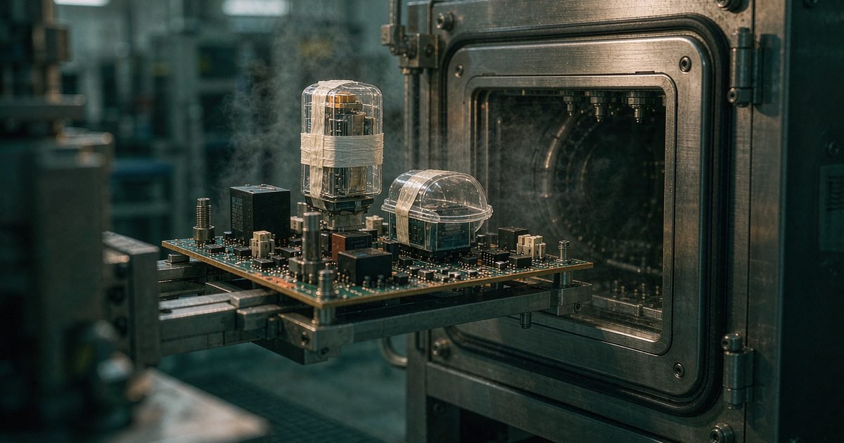 AI-generated illustration of a circuit assembly entering a spray cleaning chamber