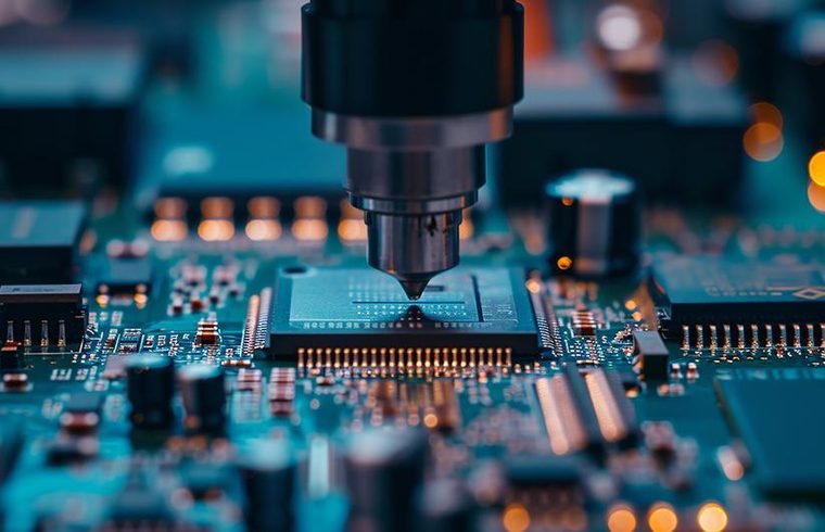 SMT placement head working on a printed circuit board panel during production