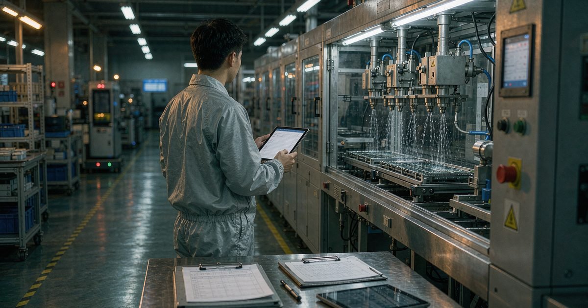 Ingenieur dokumentiert Prüfparameter einer wässrigen Reinigungslinie in der Elektronikfertigung