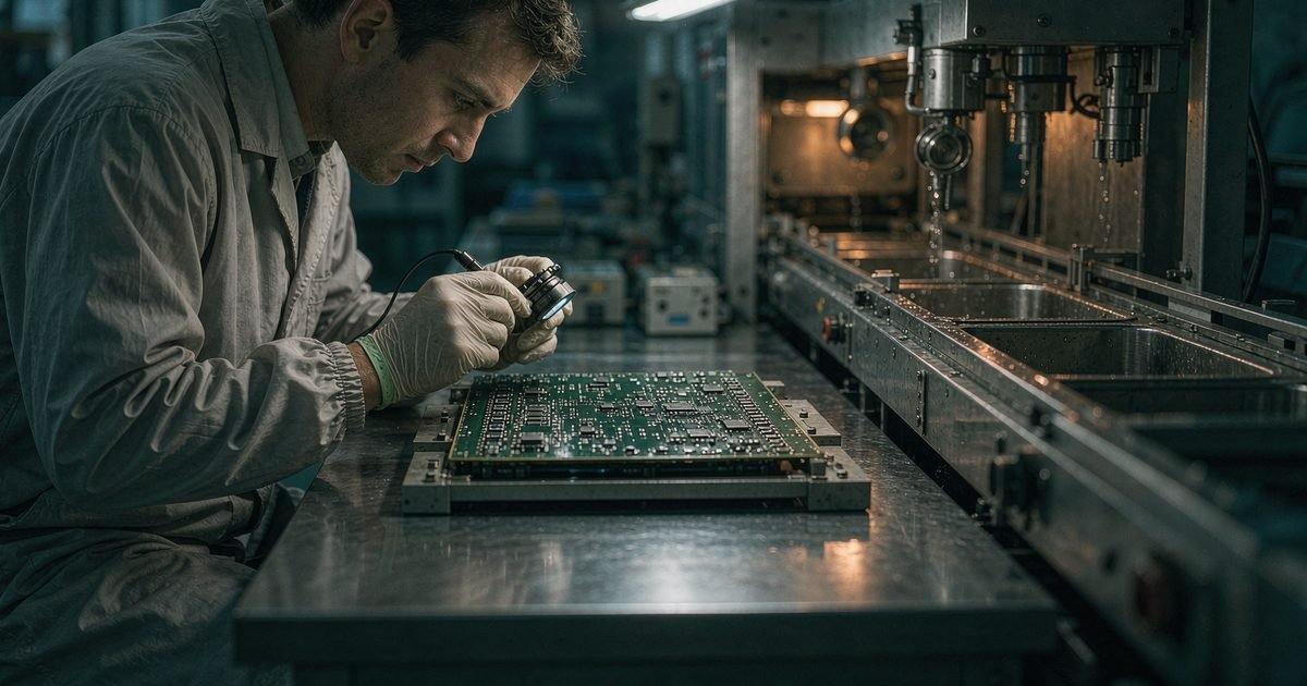 Application engineer inspecting a washed printed circuit board at a production bench