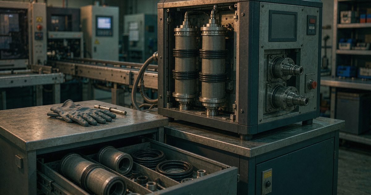 Service consumables and filter cartridges laid out beside an SMT cleaning machine