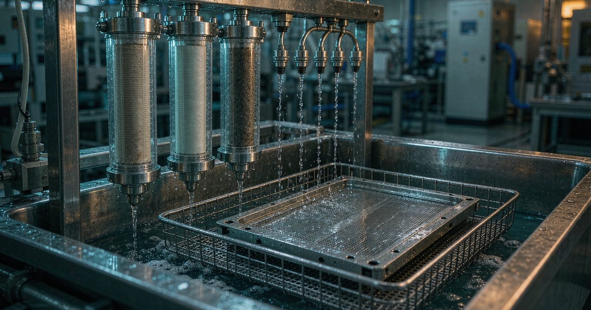 Three-stage filter cartridges and wash tank inside a stencil cleaning machine