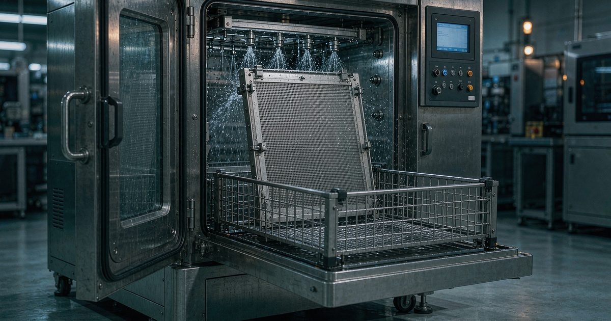 Stencil cleaning machine loaded with an SMT stencil frame inside a printing area