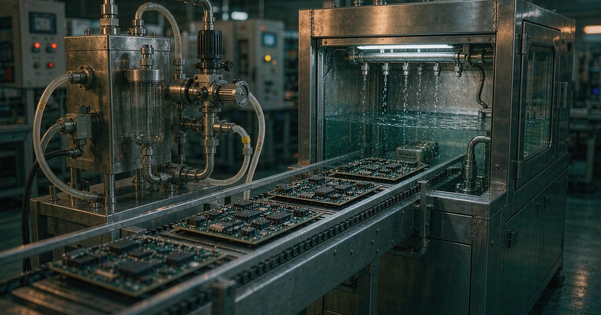 Detergent dosing and rinse section of a conveyor PCBA cleaning line