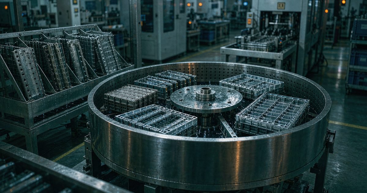 SMT carriers and pallets loaded into a round spray-in-basket cleaning machine