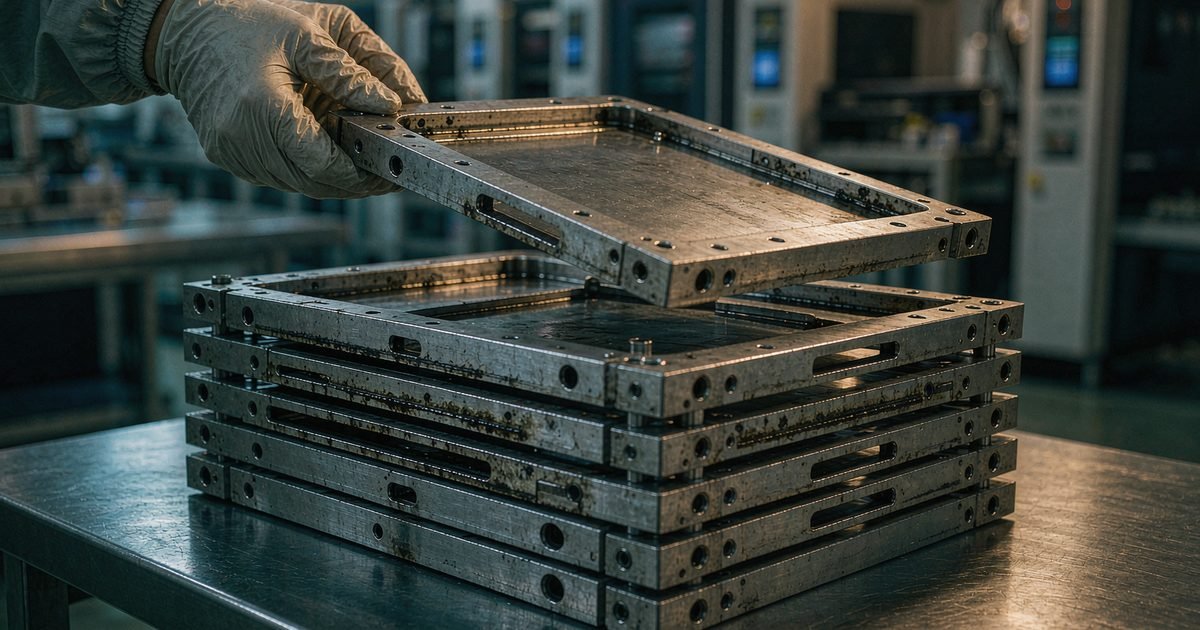 Stack of wave solder pallets and selective soldering fixtures on a workbench with baked flux residue at the cut-out edges